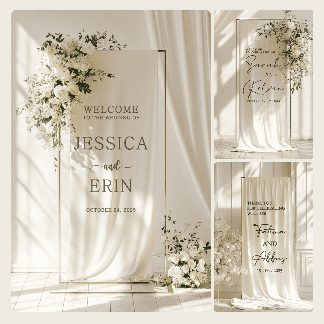 Wedding welcome sign with floral decorations on a white background