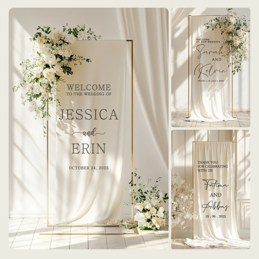 Welcome guests in style with our personalized linen fabric wedding welcome sign. Elegant, timeless, and custom-made for your big day. Perfect for ceremonies & receptions!