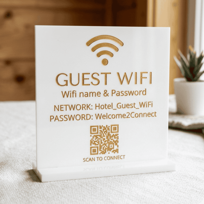 Guest WiFi sign with QR code on a table