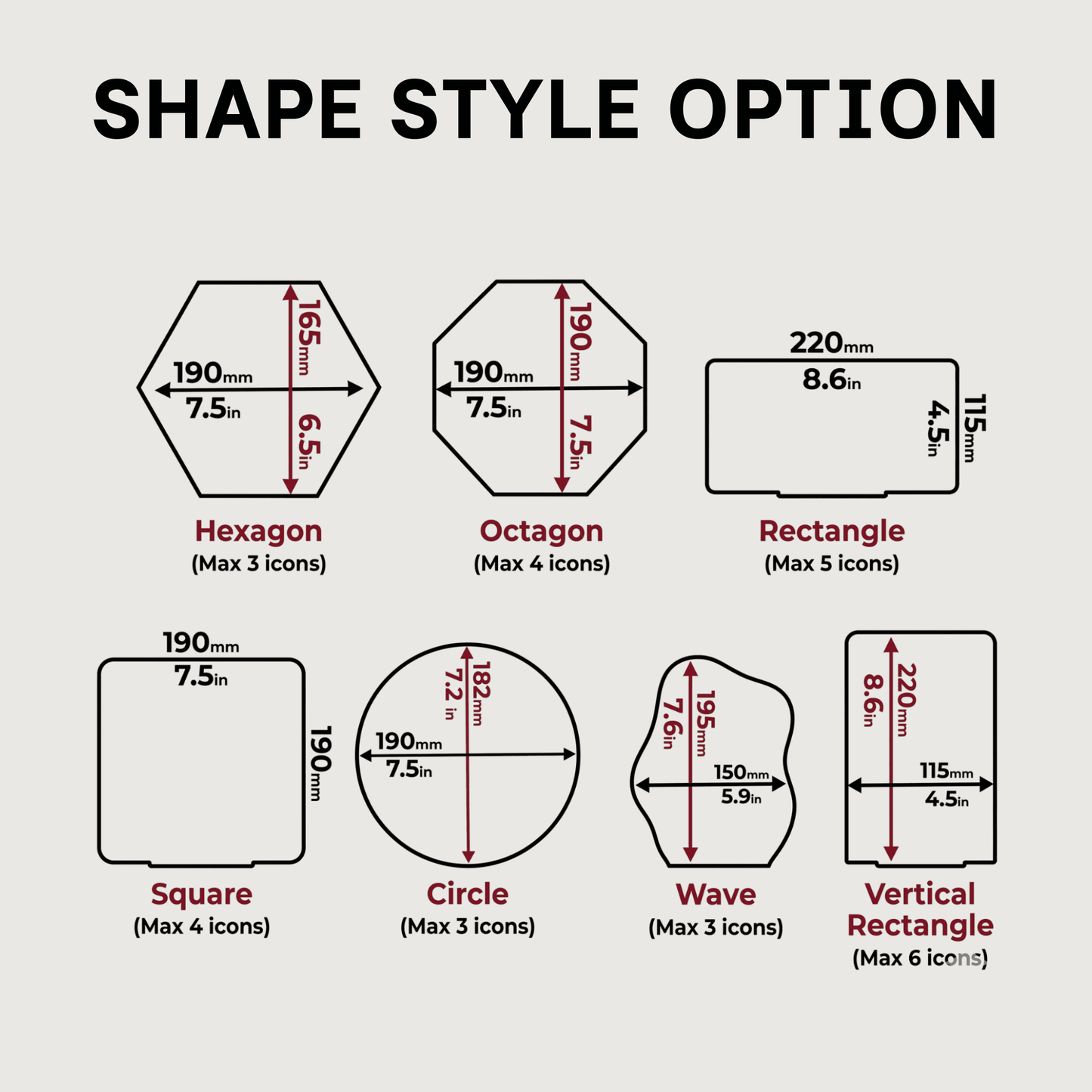 Diagram showing different shape styles with dimensions and icon limits for each.