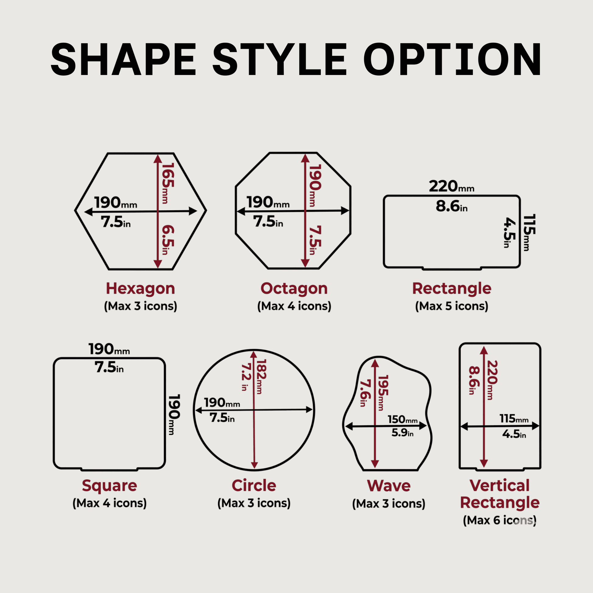 Diagram showing different shape styles with dimensions and icon limits for each.