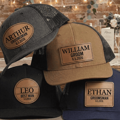 Custom Name Leather Patch Hats - Custom Groomsman Hat, Personalized Leather Patch Trucker Cap, Bachelorette Party