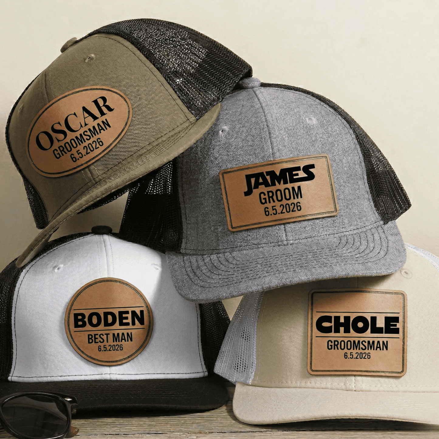 Custom Name Leather Patch Hats - Custom Groomsman Hat, Personalized Leather Patch Trucker Cap, Bachelorette Party