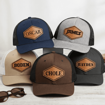 Custom Name Leather Patch Hats - Custom Groomsman Hat, Personalized Leather Patch Trucker Cap, Bachelorette Party