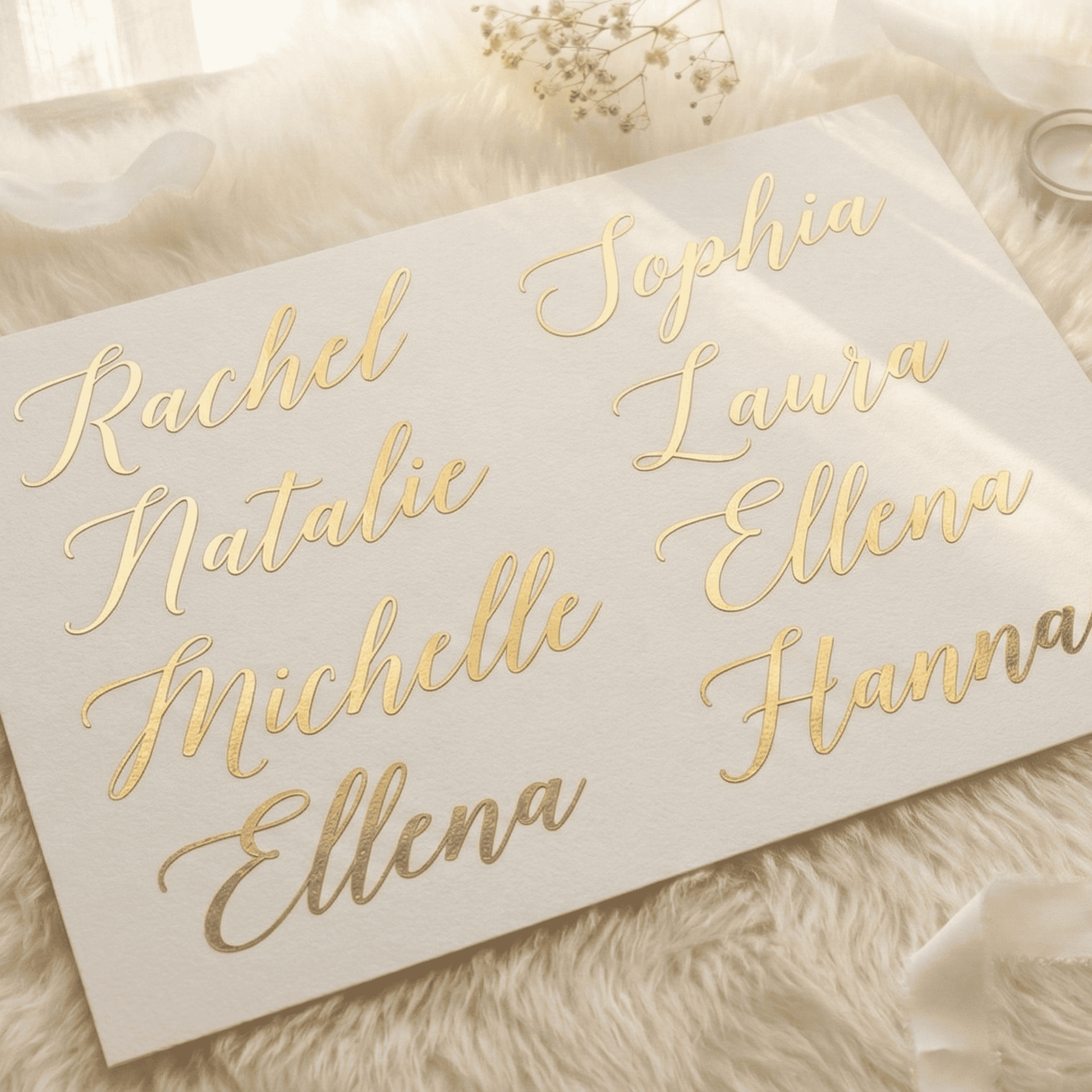 Names written in gold on a white card with a soft background