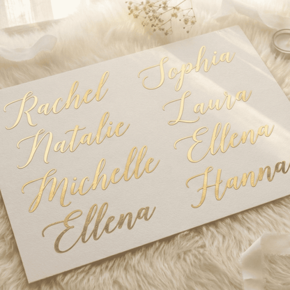 Names written in gold on a white card with a soft background