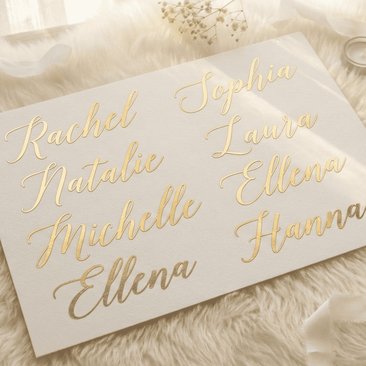 Names written in gold on a white card with a soft background