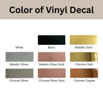 Color swatches of vinyl decals including white, black, metallic gold, metallic silver, metallic rose gold, chrome gold, chrome silver, chrome rose gold, and chrome copper on a green background.