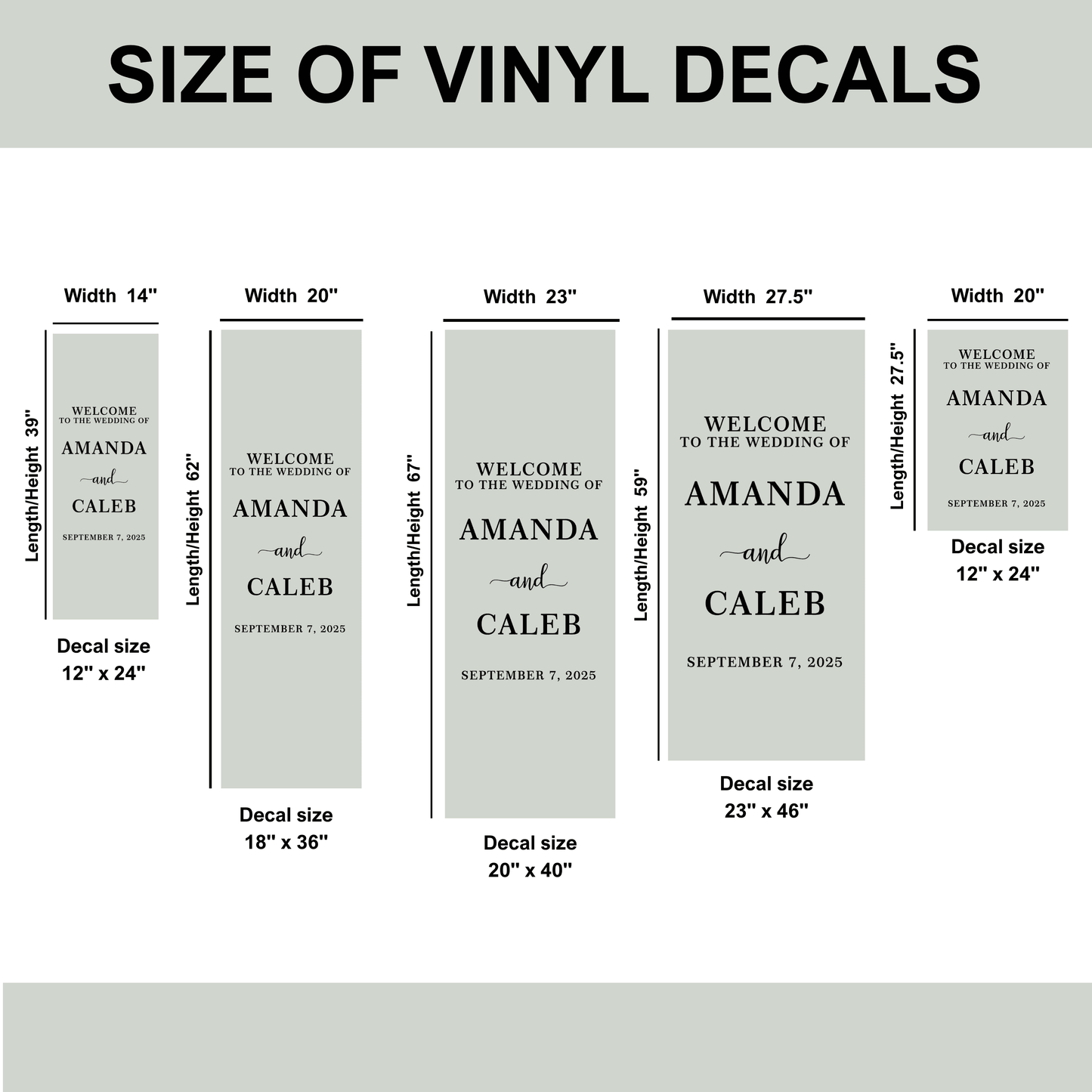 Chart showing different sizes of vinyl decals with customizable text.