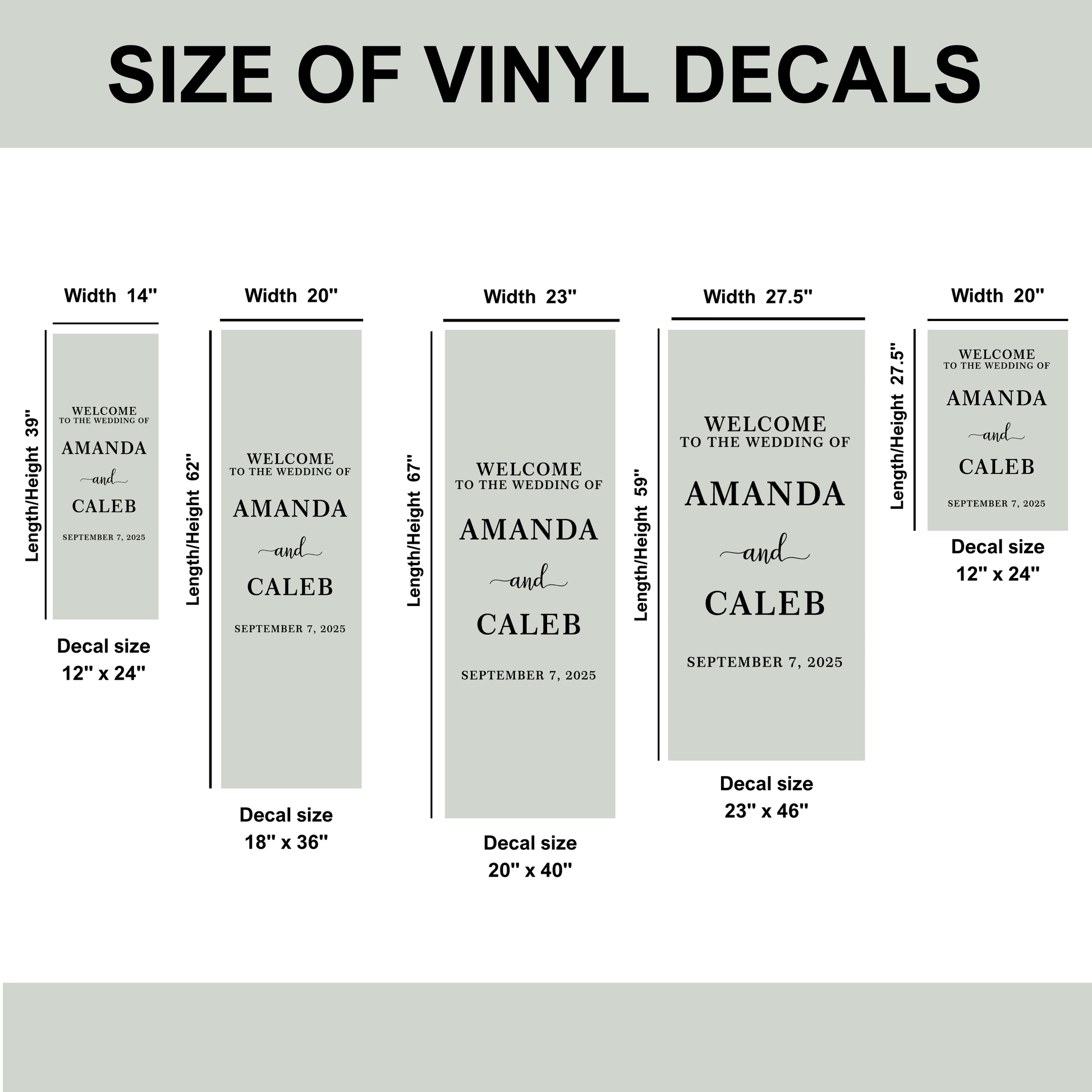 Chart showing different sizes of vinyl decals with customizable text.