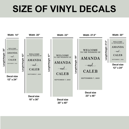 Chart showing different sizes of vinyl decals with customizable text.