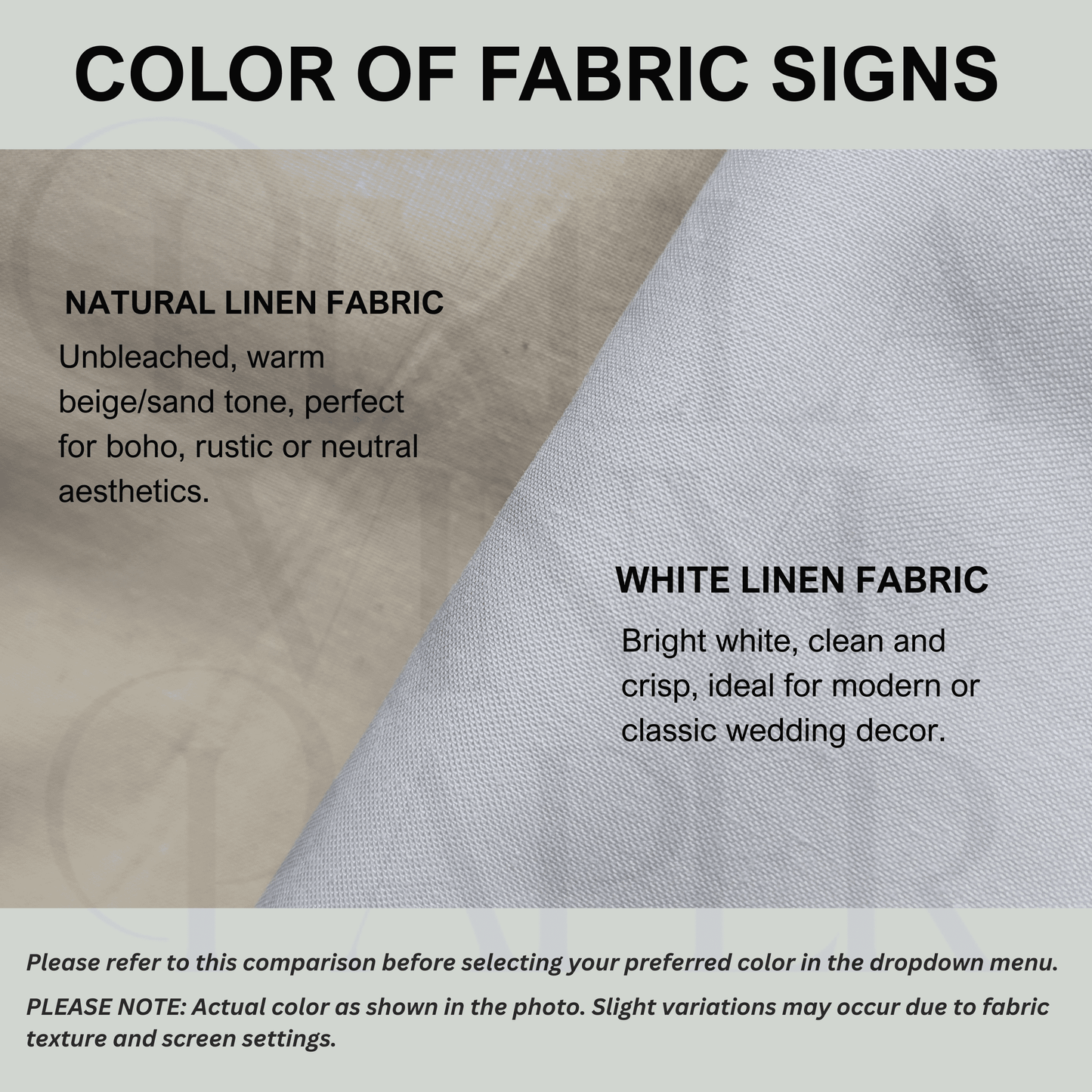 Comparison of natural linen and white linen fabric with text describing their characteristics.