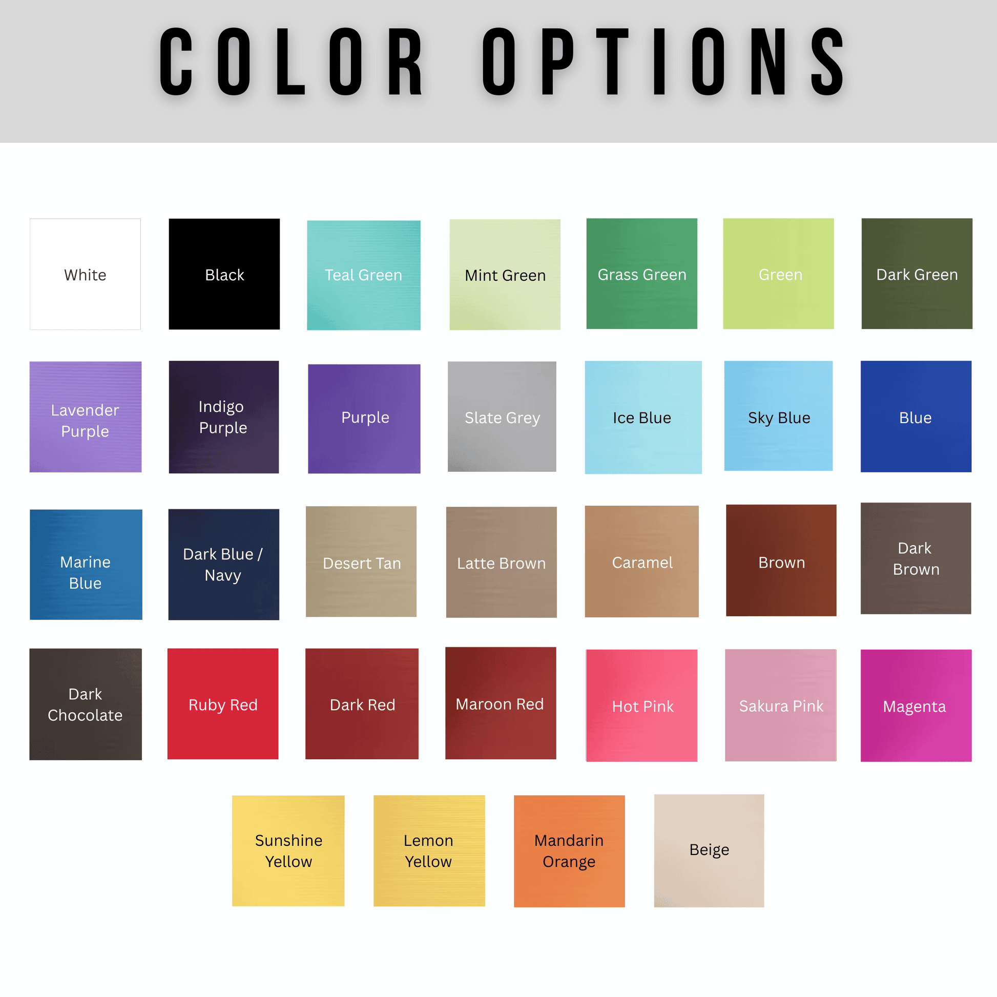 Color swatch chart with various color options.