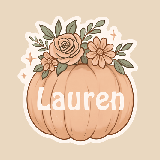Two decorative pumpkins with floral designs and custom names