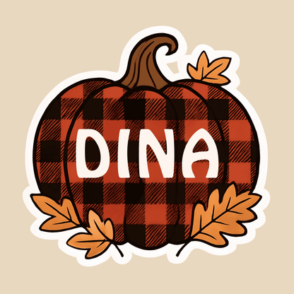 Buffalo Plaid Pumpkin Name Sticker – Personalized Fall Sticker for Kids, Tumblers, Halloween, Thanksgiving & Autumn Decor