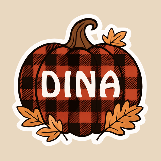 Buffalo Plaid Pumpkin Name Sticker – Personalized Fall Sticker for Kids, Tumblers, Halloween, Thanksgiving & Autumn Decor