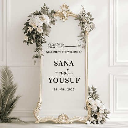 Create a stunning Muslim wedding welcome with a custom mirror decal for Valima or Nikah. Elegant vinyl lettering for signs, personalized with your names.